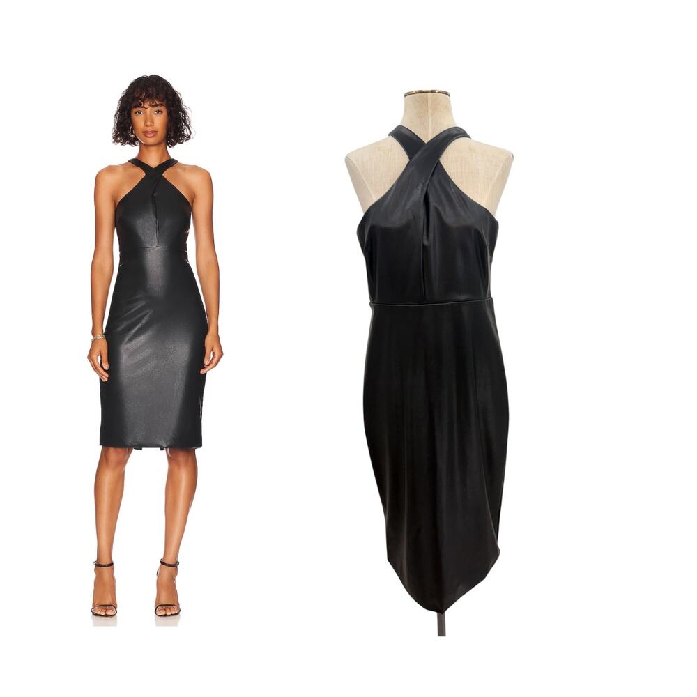 Likely Carolyn Black Faux Leather Halter Sheath Midi Dress Size 10